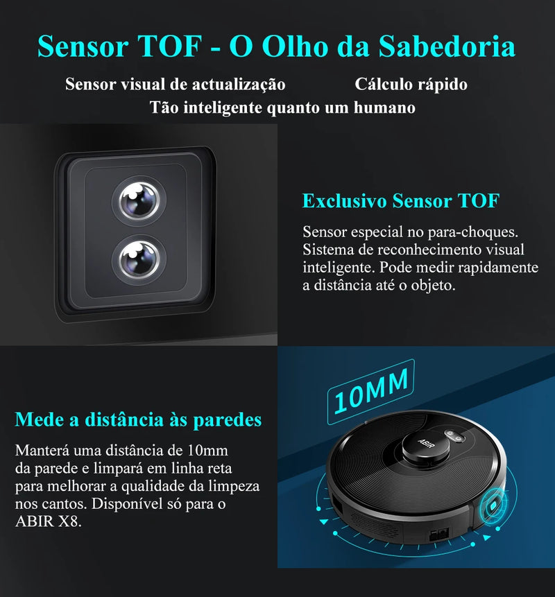 Robô Aspirador ABIR X8 com Navegação a Laser LiDAR, 6500Pa de Sucção, Mapeamento Multi-Andar, Esterilização UV, Esfregão Molhado em Y, Zonas Não-Go via App e Sensor TOF Exclusivo