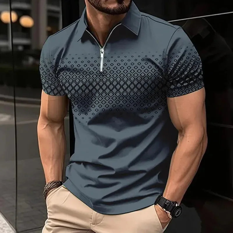 Camisa polo masculina de manga curta, estampada com zíper de lapela, blusa casual, leve, novo, moda verão, 2024