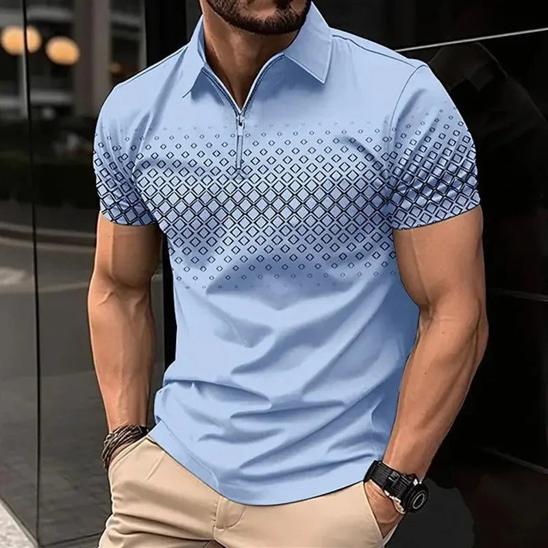 Camisa polo masculina de manga curta, estampada com zíper de lapela, blusa casual, leve, novo, moda verão, 2024