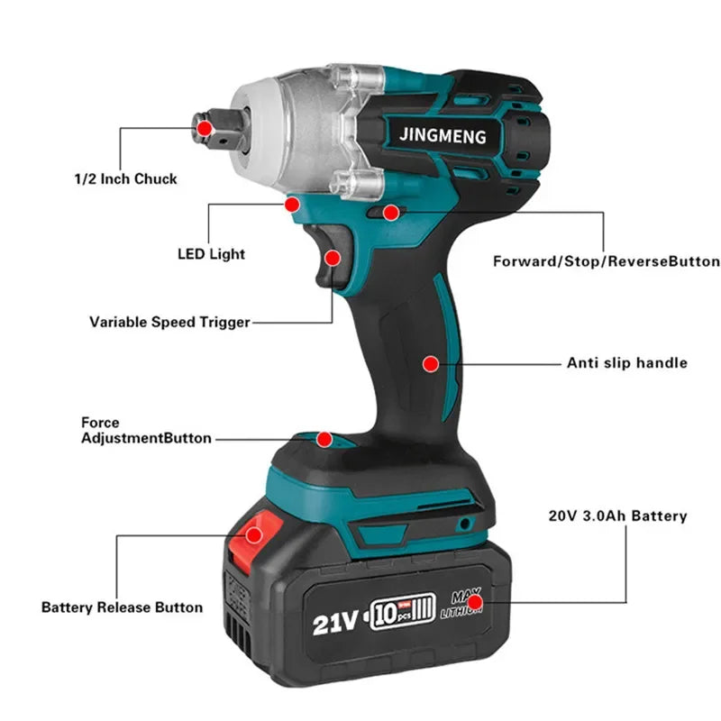 Chave de impacto elétrica sem fio, Brushless Power Tool, Broca manual para bateria 21V