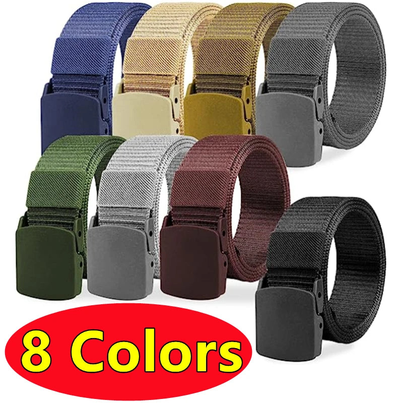 Cinto de nylon com fivela de plástico para homens e mulheres, 8 cores, militar, ajustável, para viagens ao ar livre, cintura tática, 120cm