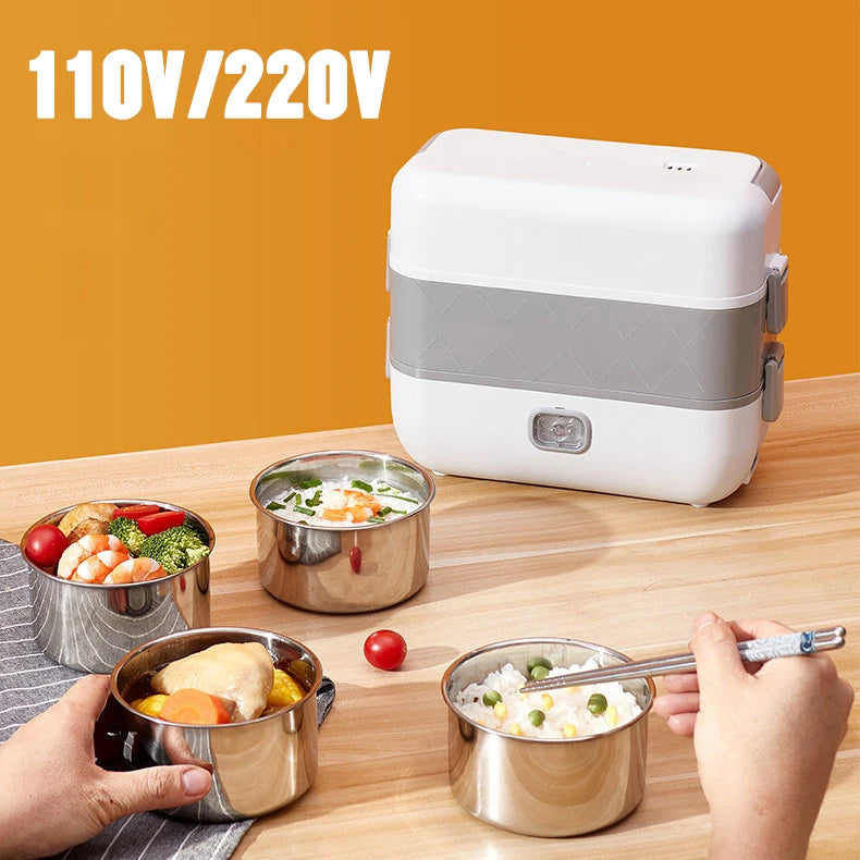 Fogão de arroz elétrico portátil, lancheira de aquecimento, forro de aço inoxidável 2 ou 4, aquecedor de alimentos, vaporizador para casa e escritório, 110V, 220V