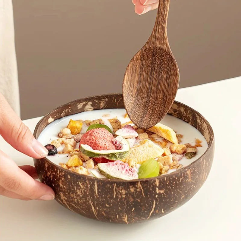 Natural Old Coconut Shell Tigela De Arroz De Madeira, Colher Fruit Bowl, Salada De Jantar Tigela De Armazenamento, Louça De Cozinha