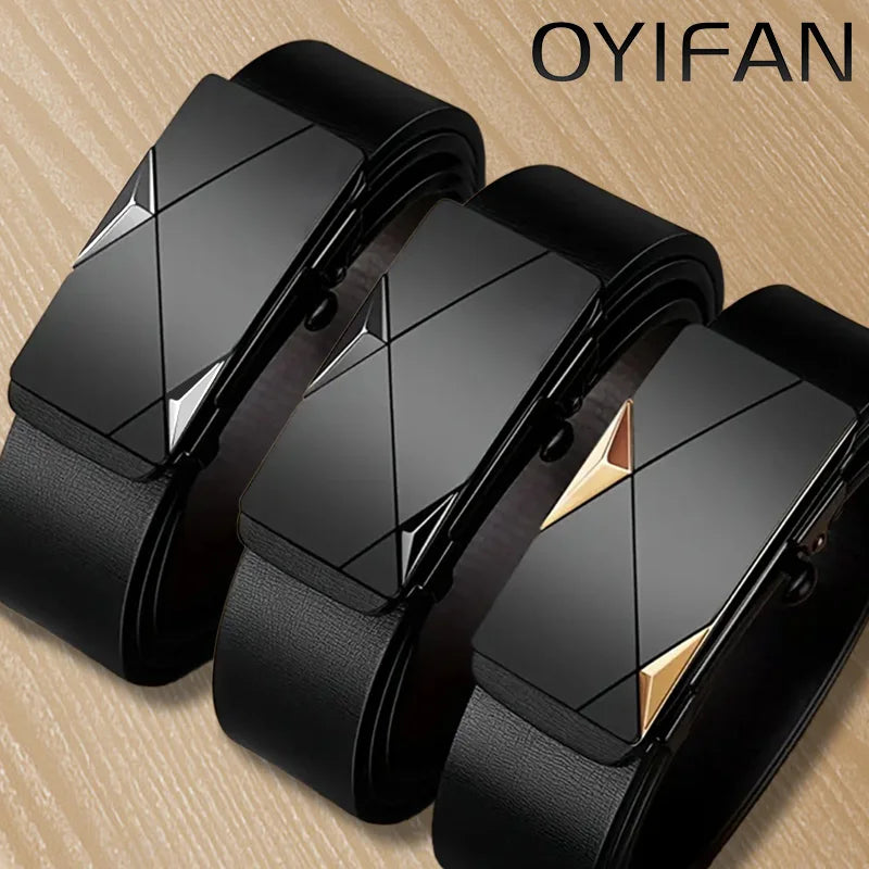 OYIFAN-Cinto de couro genuíno masculino com fivela automática, cinto de catraca fashion, ajuste aleatório