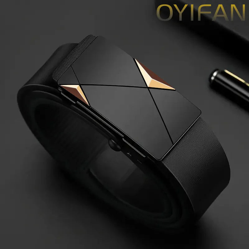 OYIFAN-Cinto de couro genuíno masculino com fivela automática, cinto de catraca fashion, ajuste aleatório