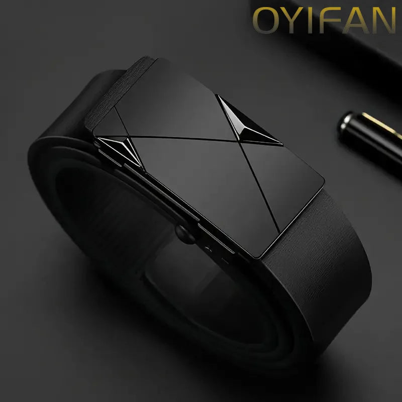 OYIFAN-Cinto de couro genuíno masculino com fivela automática, cinto de catraca fashion, ajuste aleatório