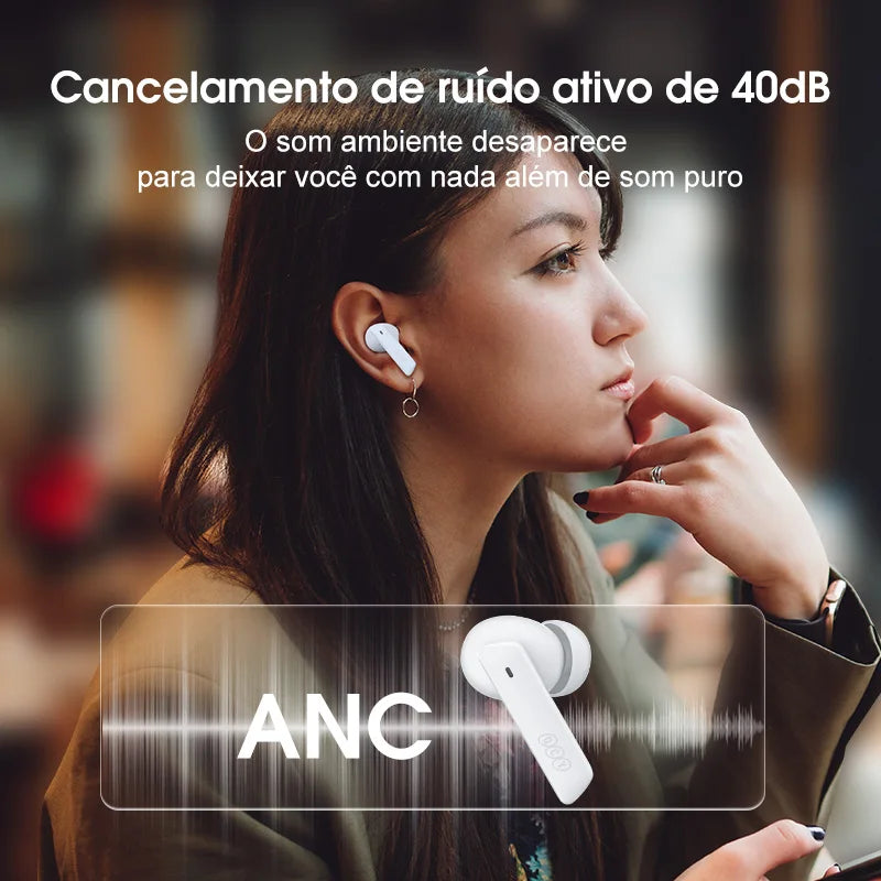 QCY HT05 ANC fone de ouvido sem fio 40dB cancelamento de ruído Bluetooth 5.2 fone de ouvido 6 microfone ENC HD chamada TWS fones de ouvido modo de transparência