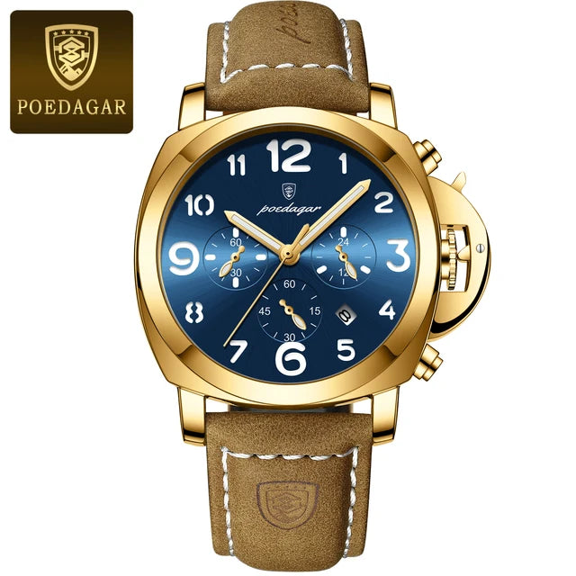 Poedagar-Relógio Quartz de Luxo Masculino, Cronógrafo, Impermeável, Luminoso, Encontro, Casual, Couro, Esportes, Militar