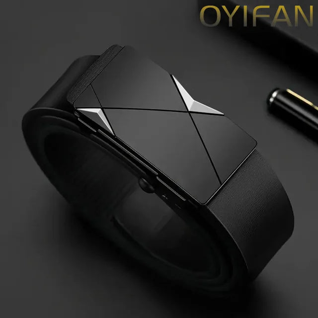 OYIFAN-Cinto de couro genuíno masculino com fivela automática, cinto de catraca fashion, ajuste aleatório