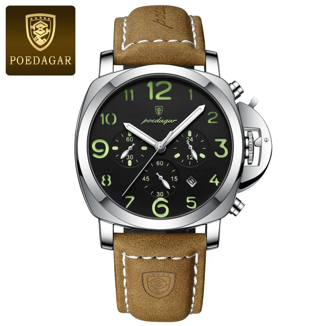 Poedagar-Relógio Quartz de Luxo Masculino, Cronógrafo, Impermeável, Luminoso, Encontro, Casual, Couro, Esportes, Militar