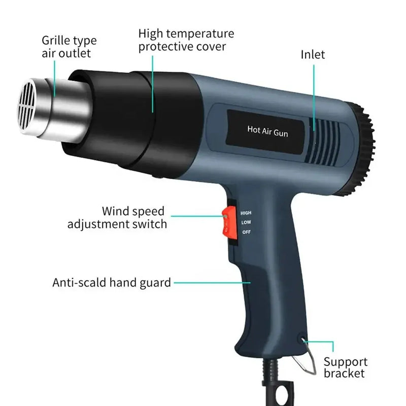 Secador Industrial de Ar Quente 2500W – Pistola de Calor para Soldagem, Encolhimento de Plástico e Ferramentas