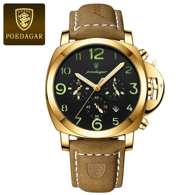 Poedagar-Relógio Quartz de Luxo Masculino, Cronógrafo, Impermeável, Luminoso, Encontro, Casual, Couro, Esportes, Militar