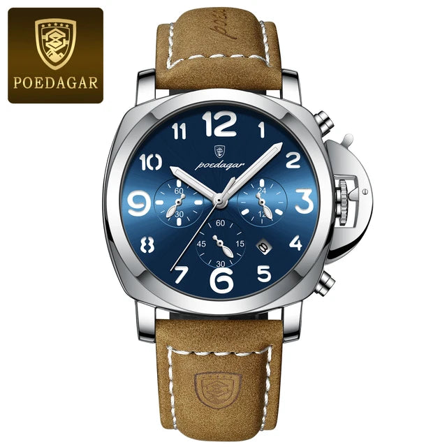 Poedagar-Relógio Quartz de Luxo Masculino, Cronógrafo, Impermeável, Luminoso, Encontro, Casual, Couro, Esportes, Militar