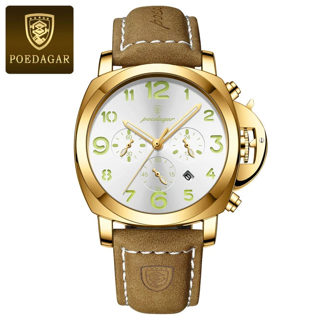 Poedagar-Relógio Quartz de Luxo Masculino, Cronógrafo, Impermeável, Luminoso, Encontro, Casual, Couro, Esportes, Militar