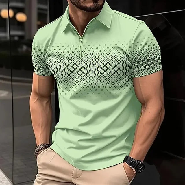 Camisa polo masculina de manga curta, estampada com zíper de lapela, blusa casual, leve, novo, moda verão, 2024