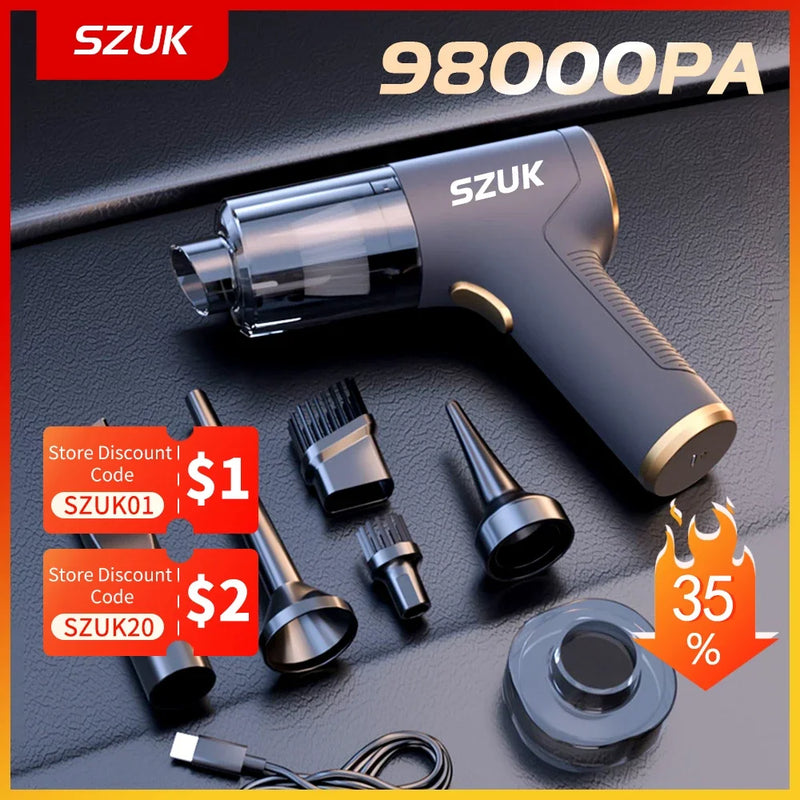 Szuk 98000pa aspirador de pó carro mini poderosa máquina limpeza forte sucção portátil para carro portátil sem fio eletrodomésticos