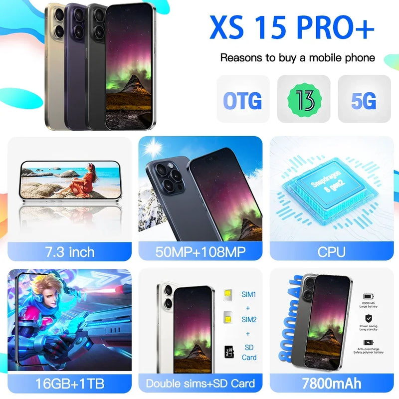 XS15 Pro + Smartphone Original, 7.3 Polegada, Tela Cheia, 4G, 5G Celular, 7800mAh, Versão Global, Novo em Marca